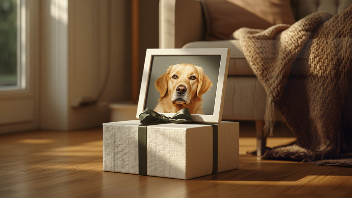 Wrapped gift with a framed pet portrait in a cosy living room