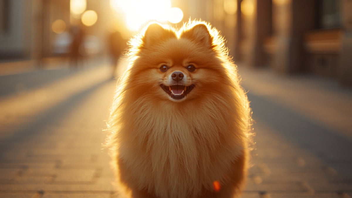Pomeranian on a pavement in the evening light
