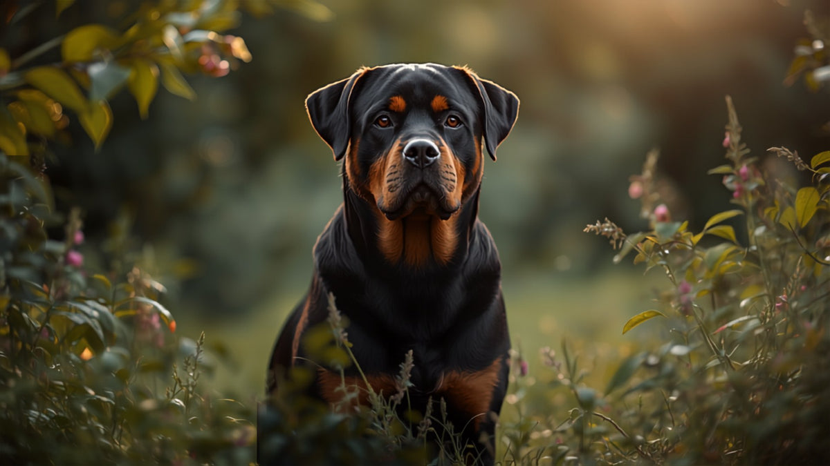 Calm Rottweiler sitting attentively in the garden in warm light