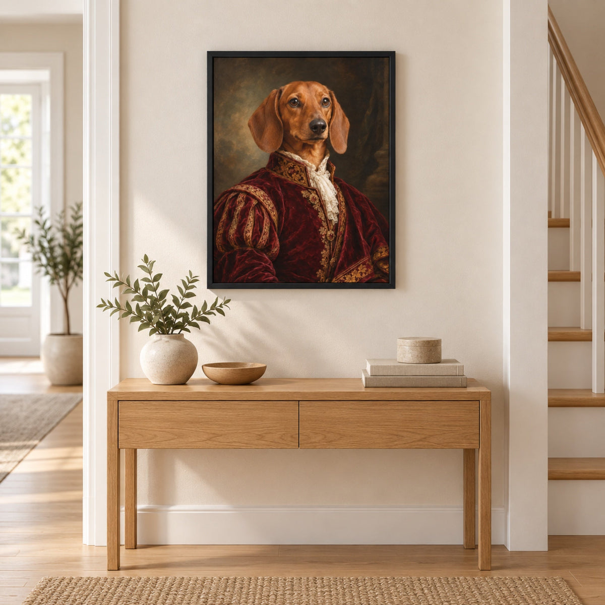 Personalised dog portrait in a wooden frame on the wall, gift idea