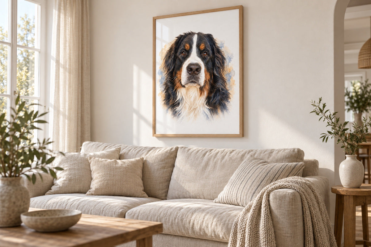 Hundeportrait eines Berner Sennenhunds im Aquarell-Stil, gerahmt über einem Sofa
