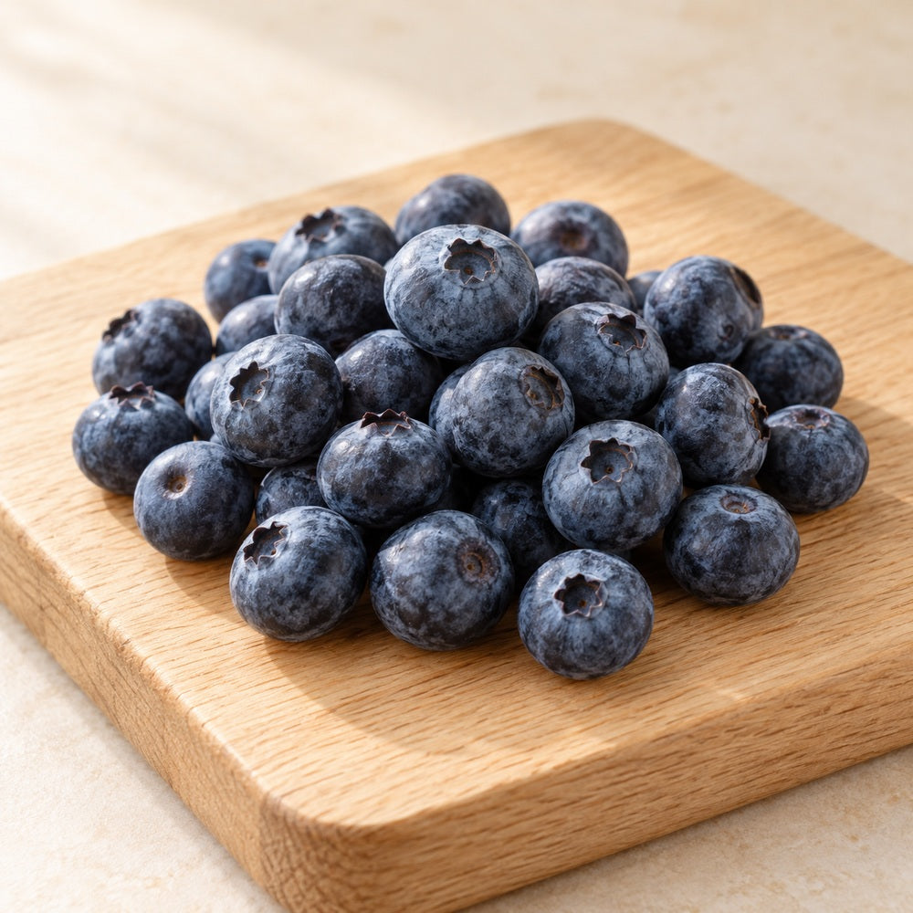 Heidelbeeren auf einem hellen Holzbrett