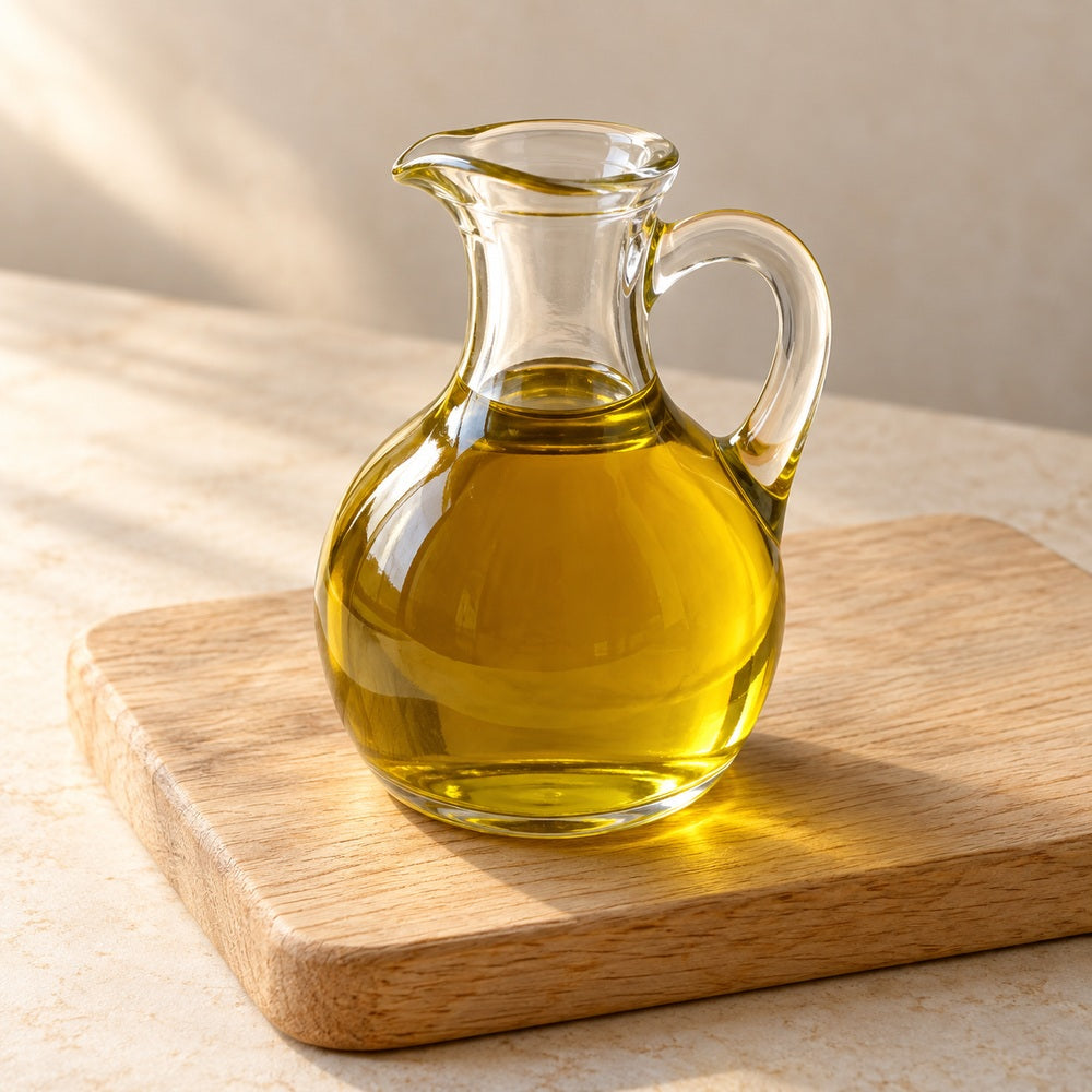 Olivenöl auf einem hellen Holzbrett