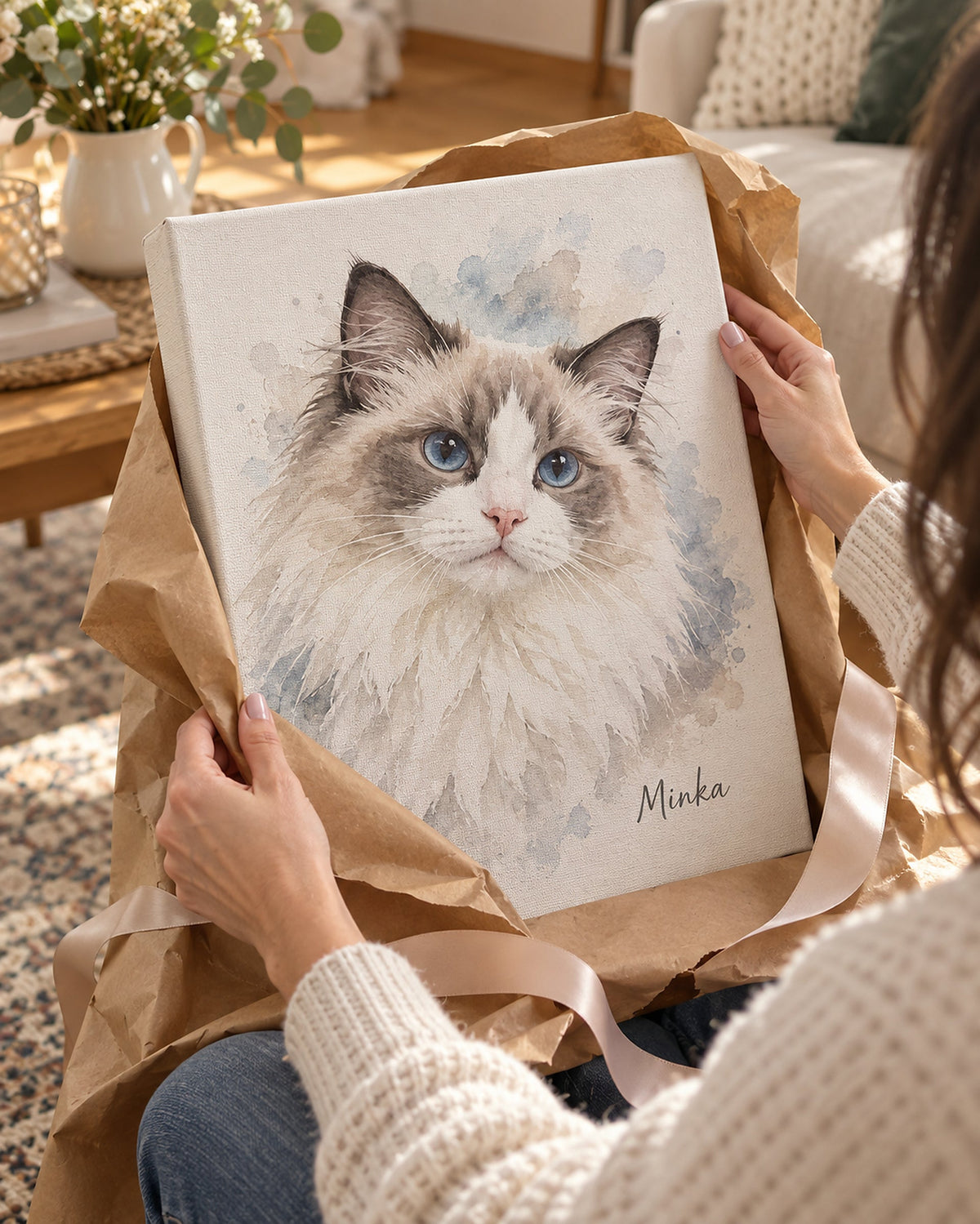 Cat portrait on canvas being unwrapped as a gift