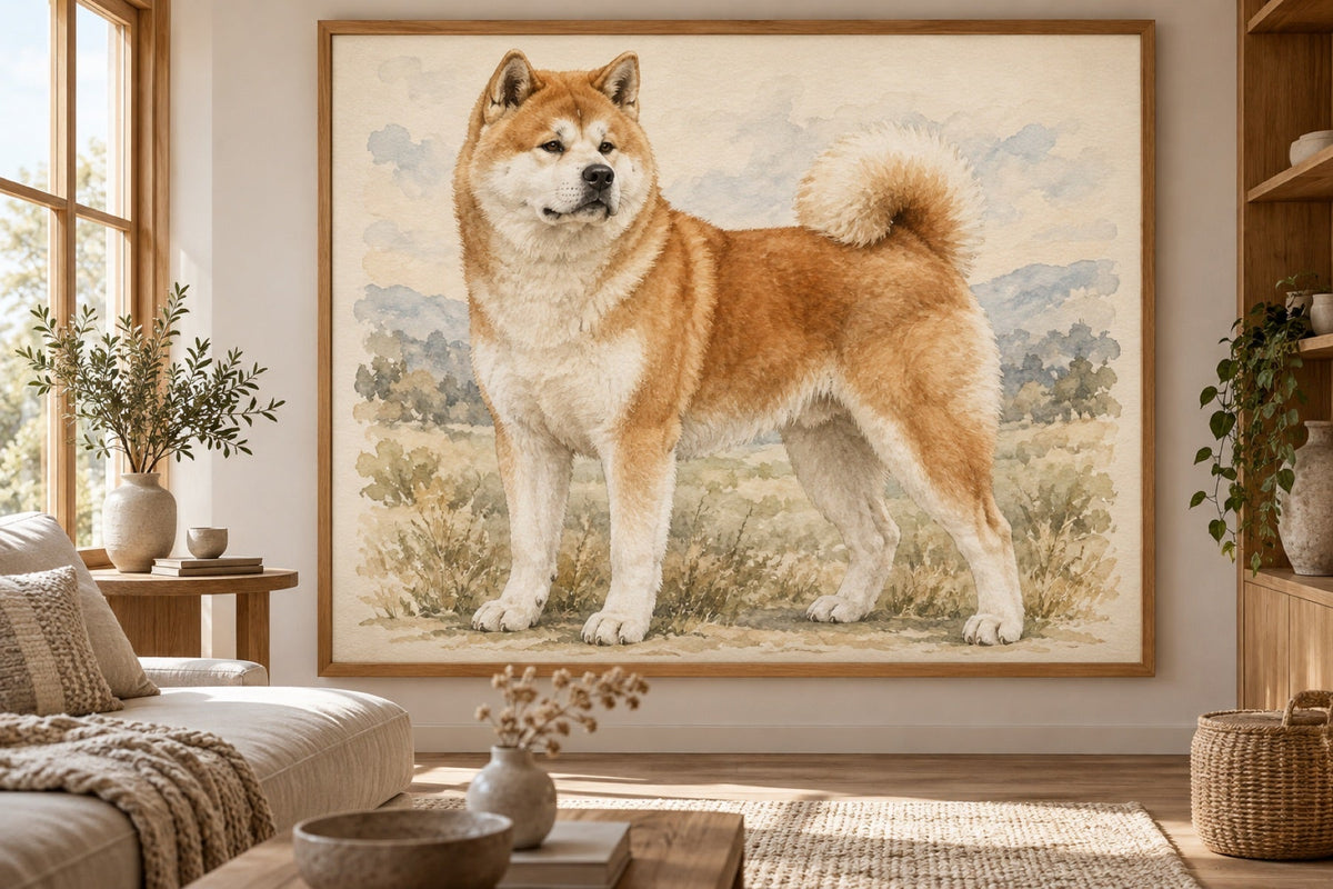 Akita als Wandbild im Stil Aquarell, Raum: skandinavisches Wohnzimmer