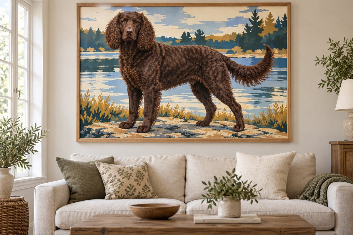 American Water Spaniel als Wandbild im Stil Pop-Art, Raum: cremefarbenes Wohnzimmer
