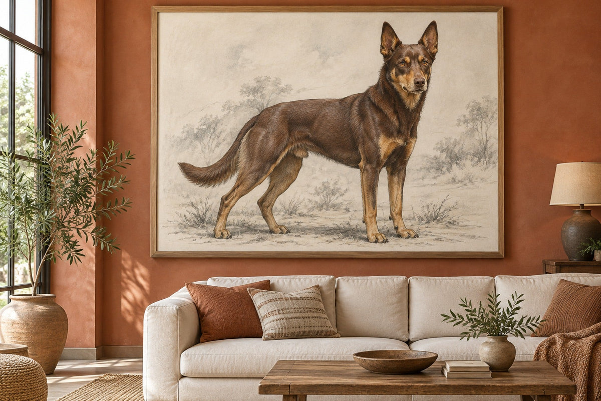 Australian Kelpie als Wandbild im Stil Kohle-Sketch, Raum: terrakottafarbenes Wohnzimmer