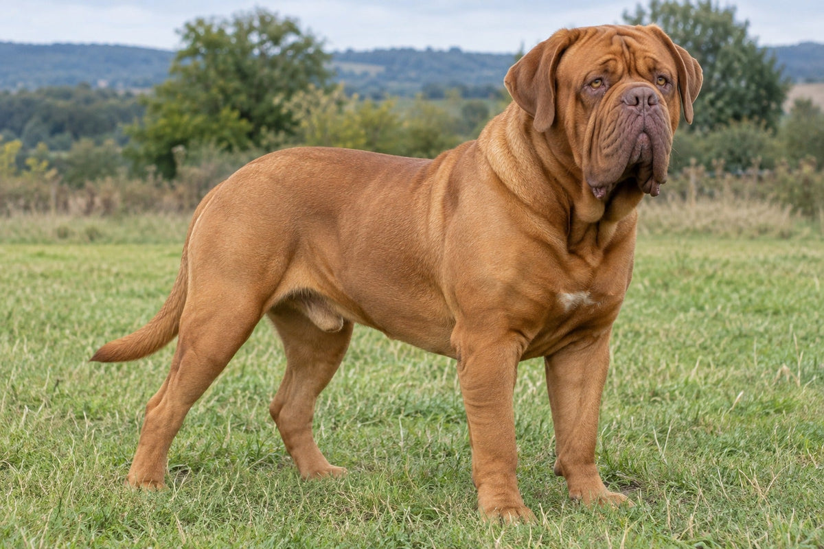 Bordeauxdogge, rotfalbfarbenes Kurzhaar, auf einer Wiese
