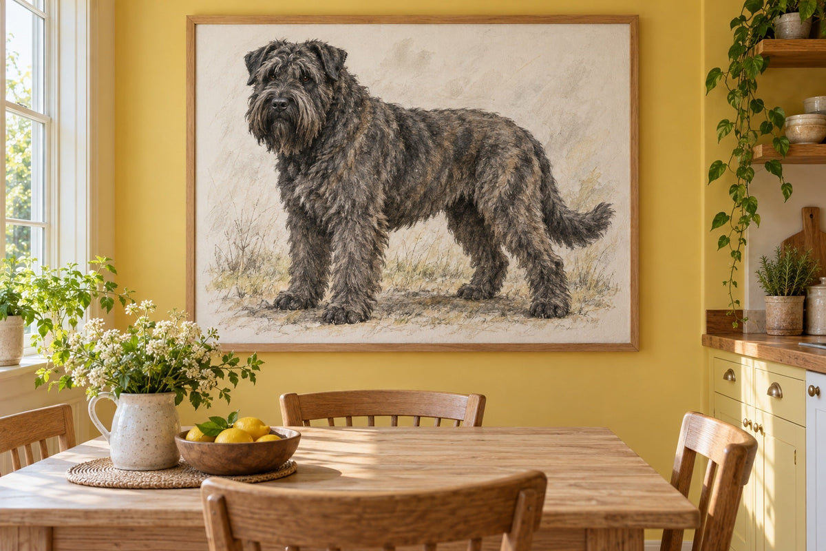 Bouvier des Flandres als Wandbild im Stil Kohle-Sketch, Raum: gelbe Wohnküche