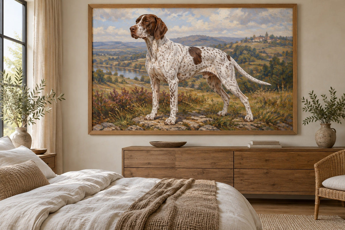 Braque du Bourbonnais als Wandbild im Stil Ölgemälde, Raum: sandfarbenes Schlafzimmer