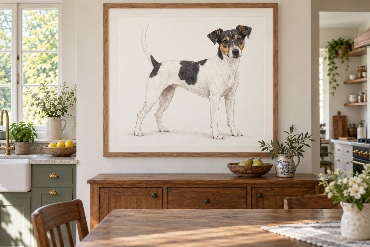 Brasilianischer Terrier als Wandbild im Stil Minimal, feine Farbzeichnung, Raum: helle Landhausküche