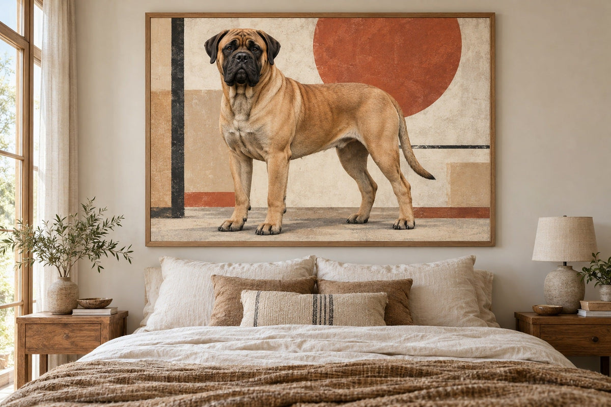 Bullmastiff als Wandbild im Stil Pop-Art, Raum: sandfarbenes Schlafzimmer