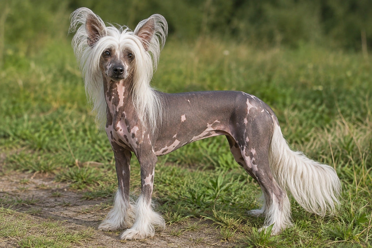 Chinese Crested Dog, haarlos mit heller Mähne und langer Fahnenrute, auf einer Wiese