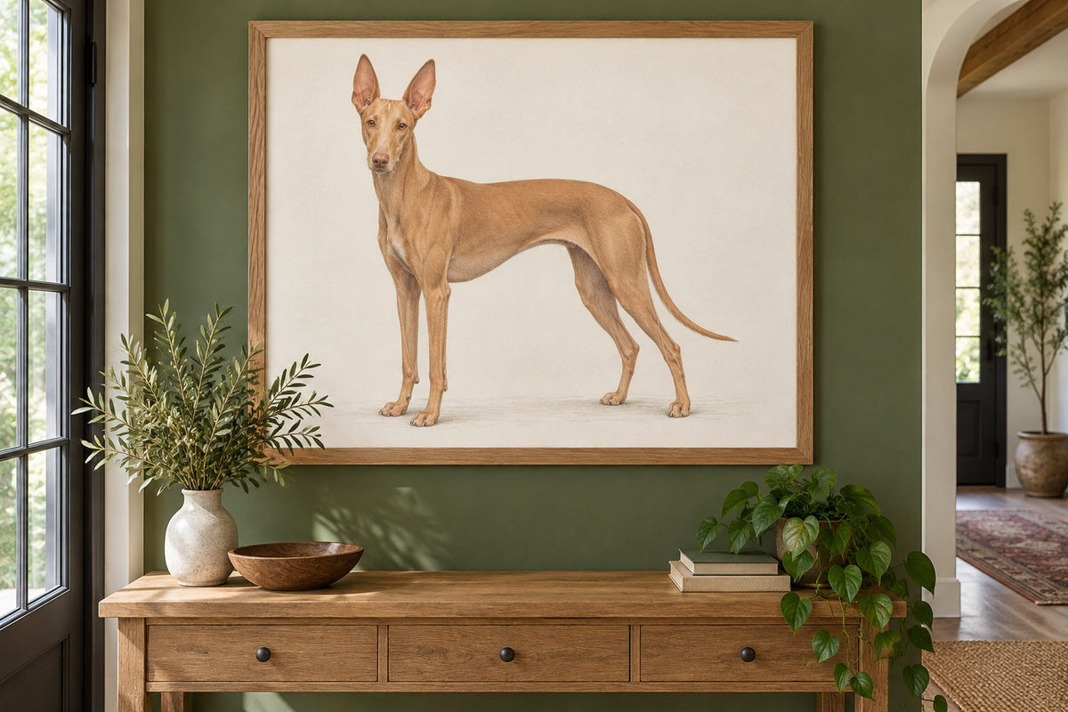 Cirneco dell'Etna als Wandbild im Stil Minimal, feine Farbzeichnung, Raum: grüner Flur