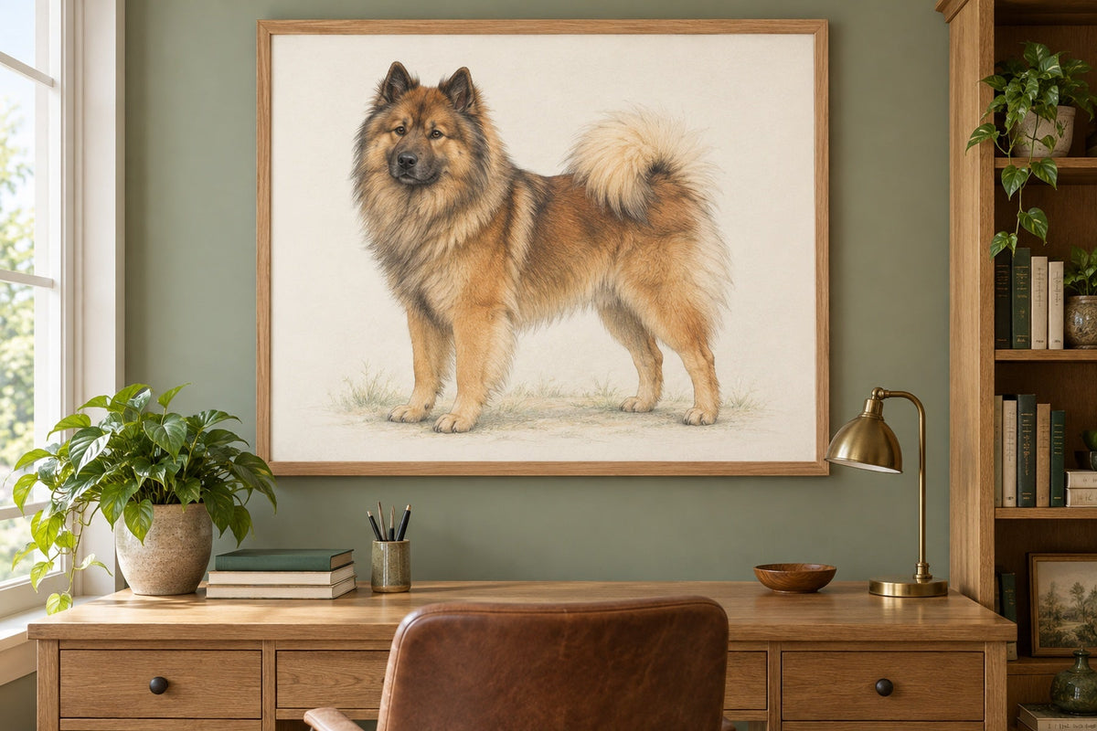 Eurasier als Wandbild im Stil Minimal, feine Farbzeichnung, Raum: salbeifarbenes Arbeitszimmer