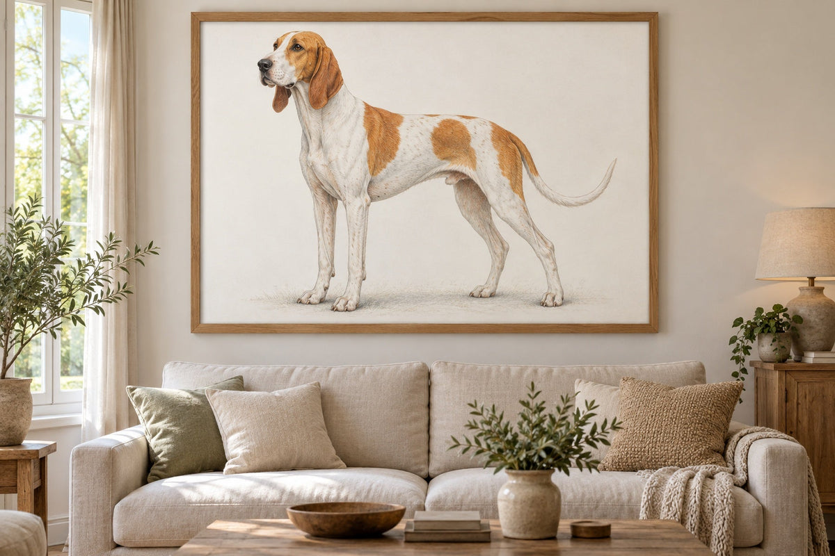 Français Blanc et Orange als Wandbild im Stil Minimal, feine Farbzeichnung, Raum: cremefarbenes Wohnzimmer
