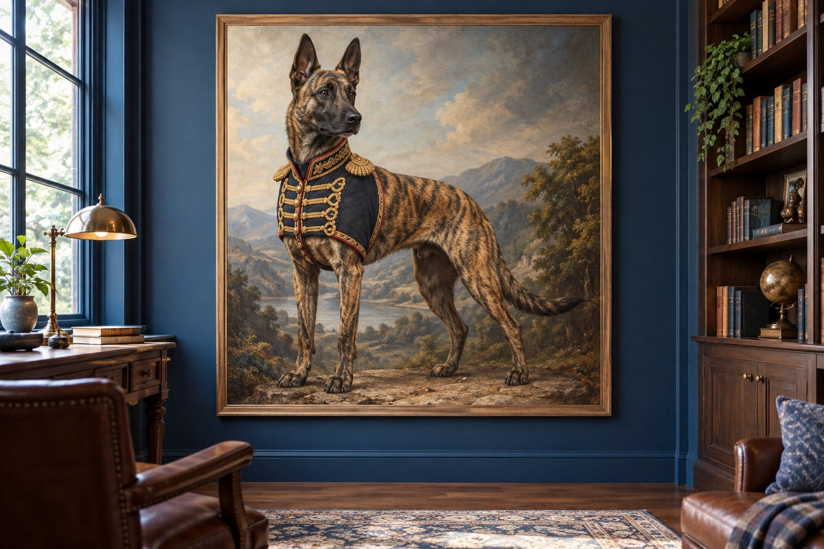 Holländischer Schäferhund als Wandbild im Stil Royal mit kurzer Uniform, Raum: blaues Arbeitszimmer