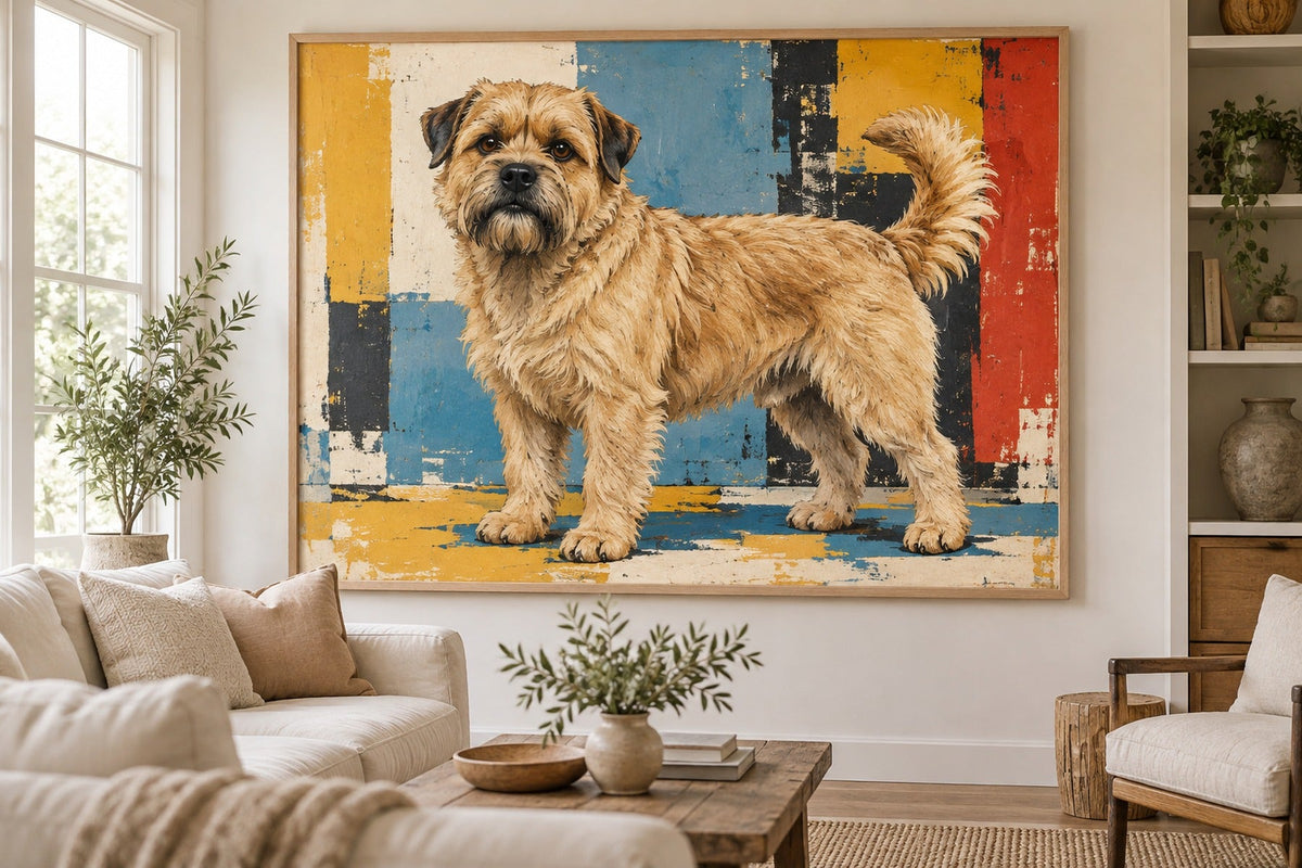 Holländischer Smoushund als Wandbild im Stil Pop-Art, Raum: cremefarbenes Wohnzimmer