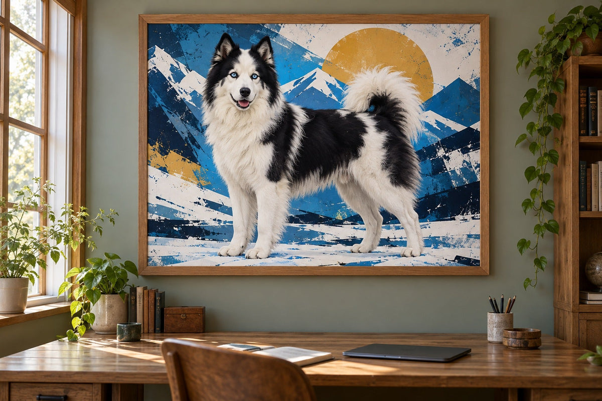 Jakutische Laika (Yakutskaya Laika) als Wandbild im Stil Pop-Art, Raum: salbeifarbenes Arbeitszimmer