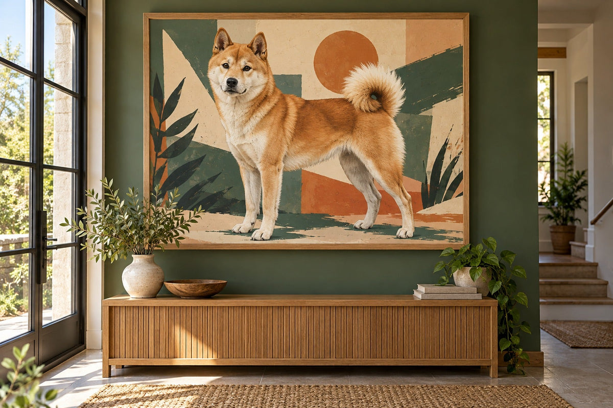 Koreanischer Jindo als Wandbild im Stil Pop-Art, Raum: grüner Flur