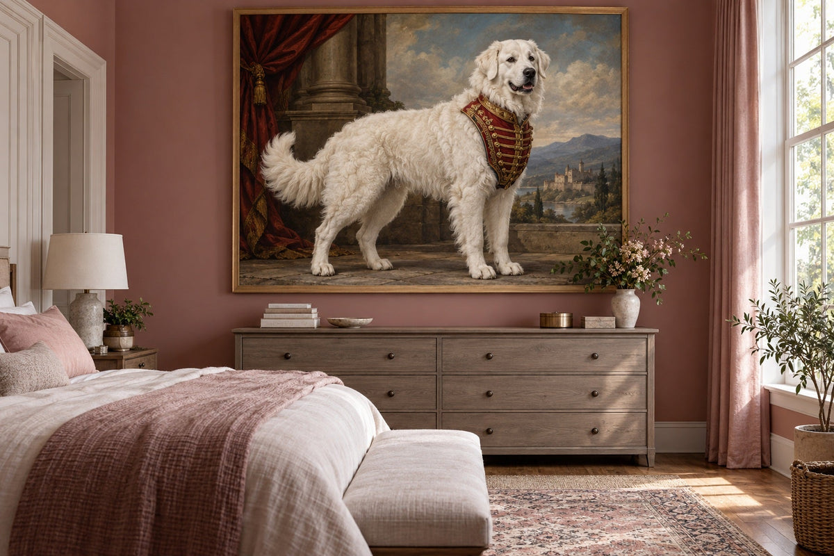 Kuvasz als Wandbild im Stil Royal mit kurzer Uniform, Raum: altrosafarbenes Schlafzimmer