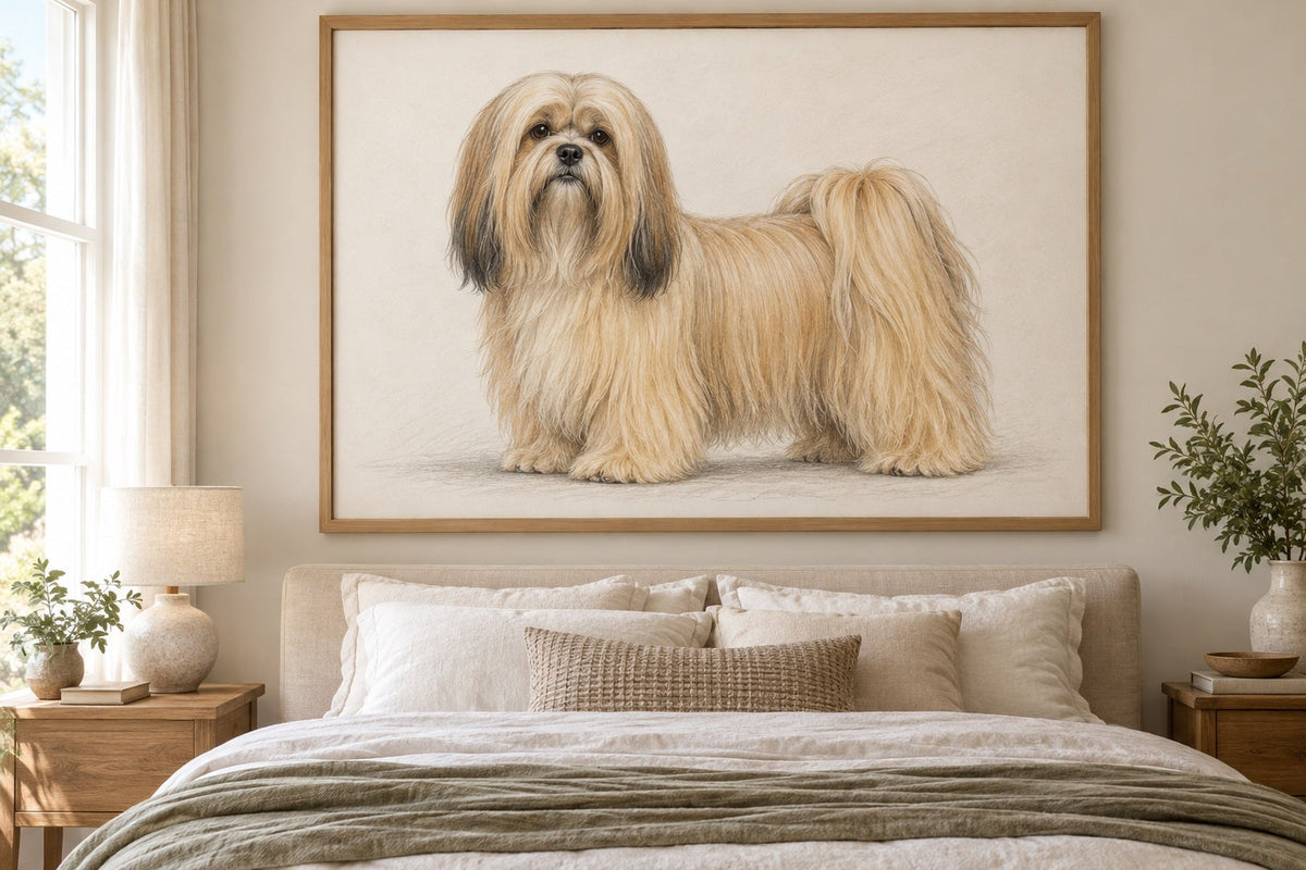 Lhasa Apso als Wandbild im Stil Minimal, feine Farbzeichnung, Raum: sandfarbenes Schlafzimmer