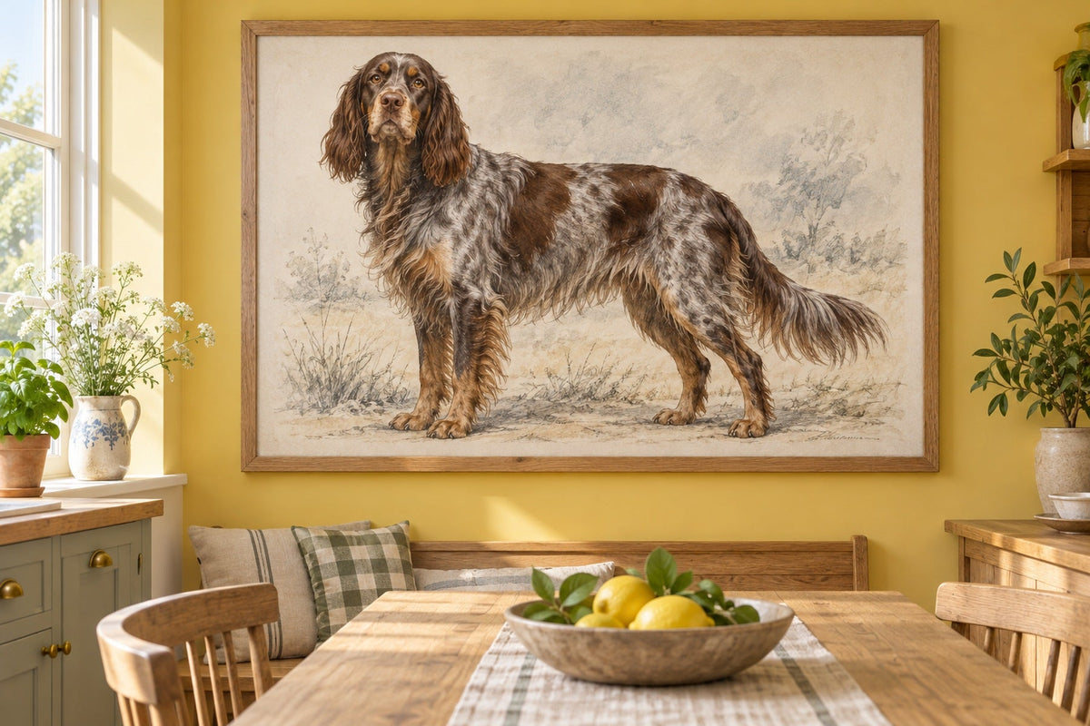Picardie-Spaniel als Wandbild im Stil Kohle-Sketch, Raum: gelbe Wohnküche
