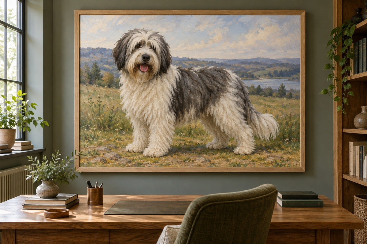 Polnischer Niederungshütehund als Wandbild im Stil Ölgemälde, Raum: salbeifarbenes Arbeitszimmer