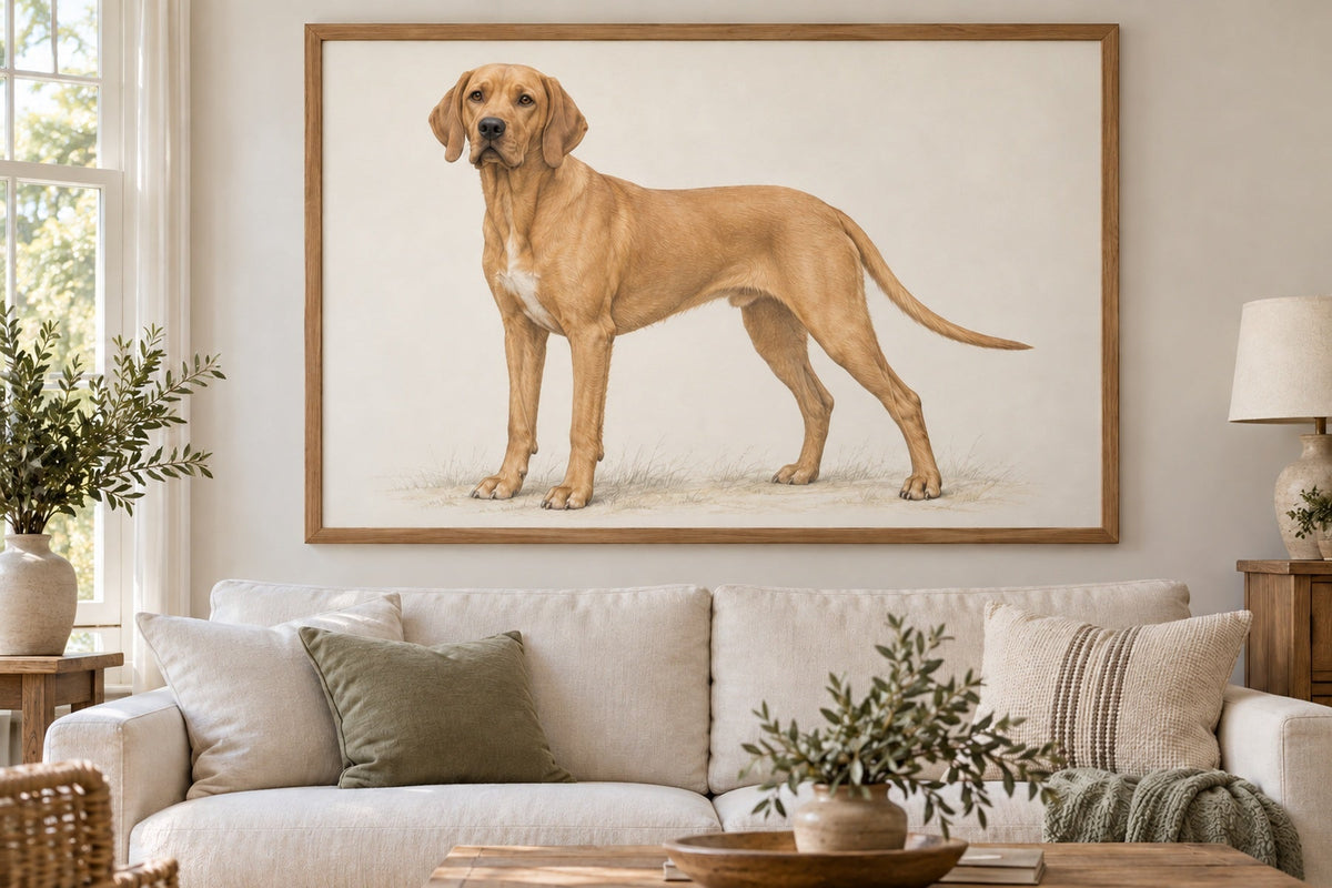 Portugiesischer Vorstehhund als Wandbild im Stil Minimal, feine Farbzeichnung, Raum: cremefarbenes Wohnzimmer