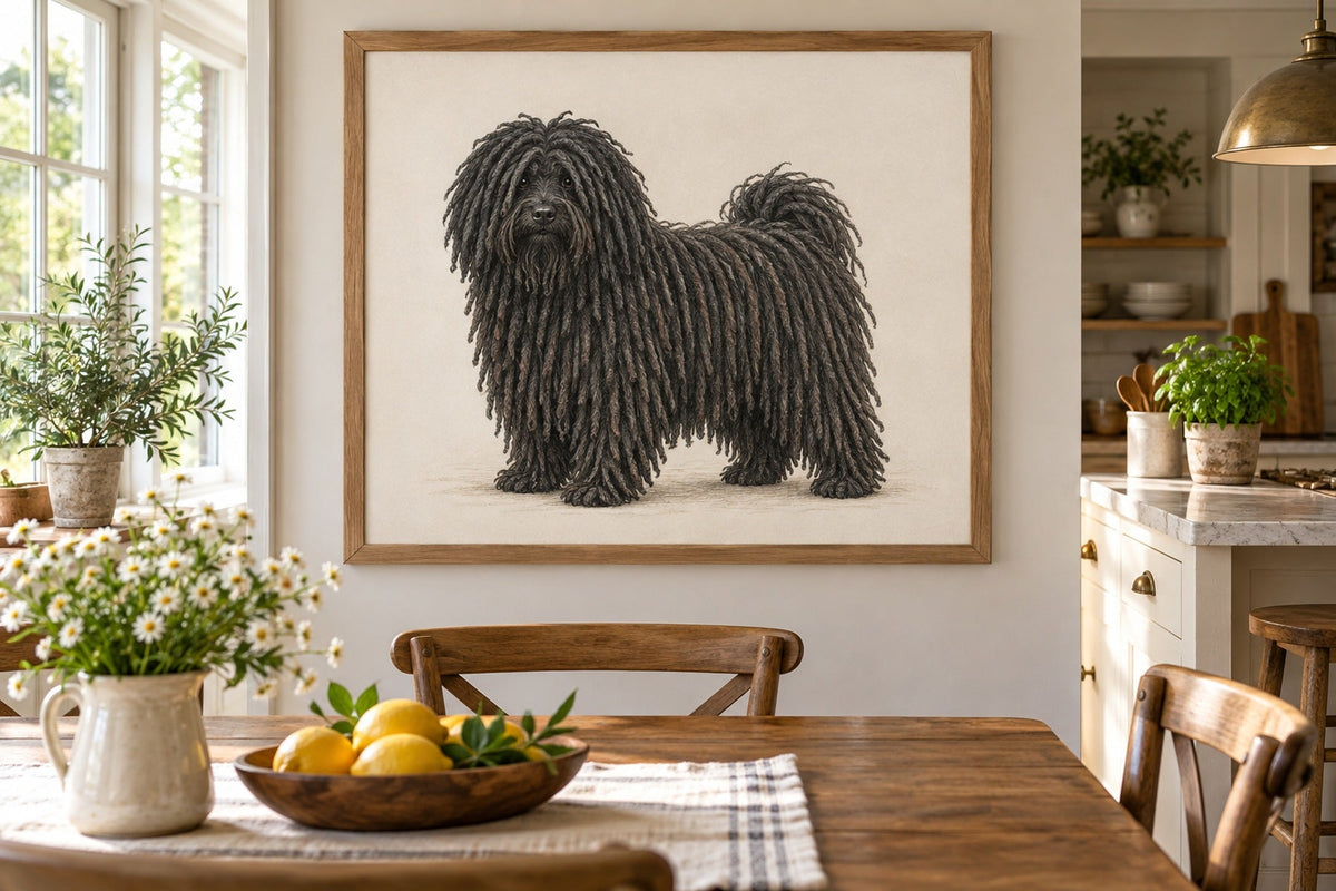Puli als Wandbild im Stil Minimal, feine Farbzeichnung, Raum: helle Landhausküche