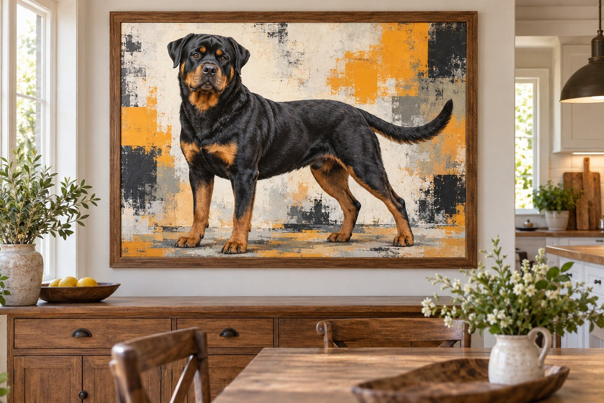 Rottweiler als Wandbild im Stil Pop-Art, Raum: helle Landhausküche