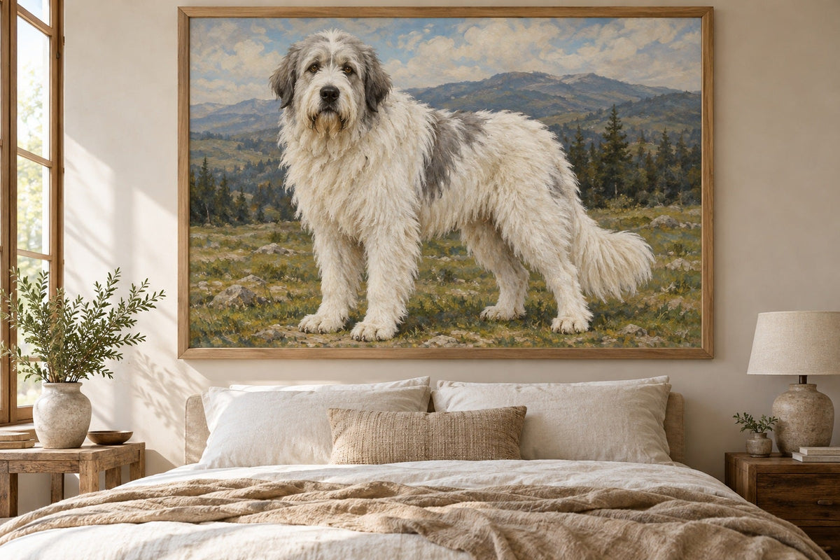 Rumänischer Mioritic-Schäferhund als Wandbild im Stil Ölgemälde, Raum: sandfarbenes Schlafzimmer