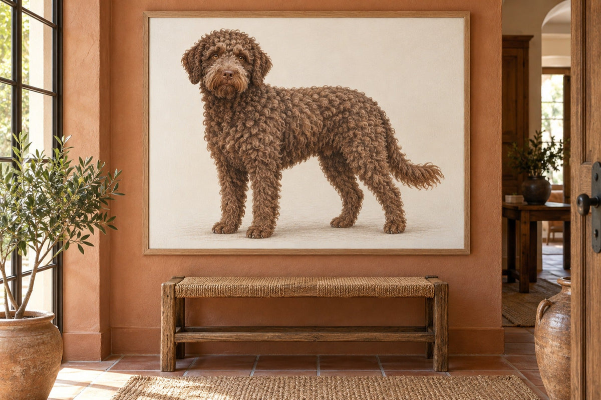 Spanischer Wasserhund als Wandbild im Stil Minimal, feine Farbzeichnung, Raum: terrakottafarbener Flur