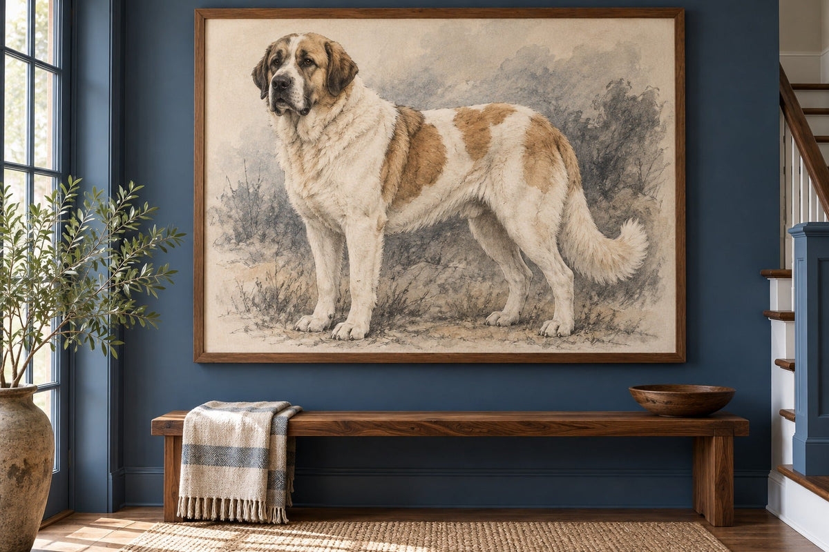 Transmontano-Hirtenhund als Wandbild im Stil Kohle-Sketch, Raum: blauer Flur