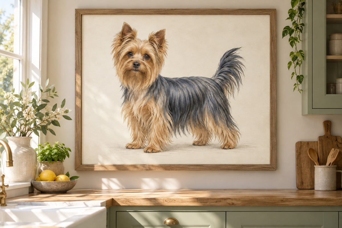 Yorkshire Terrier als Wandbild im Stil Minimal, feine Farbzeichnung, Raum: salbeifarbene Küche