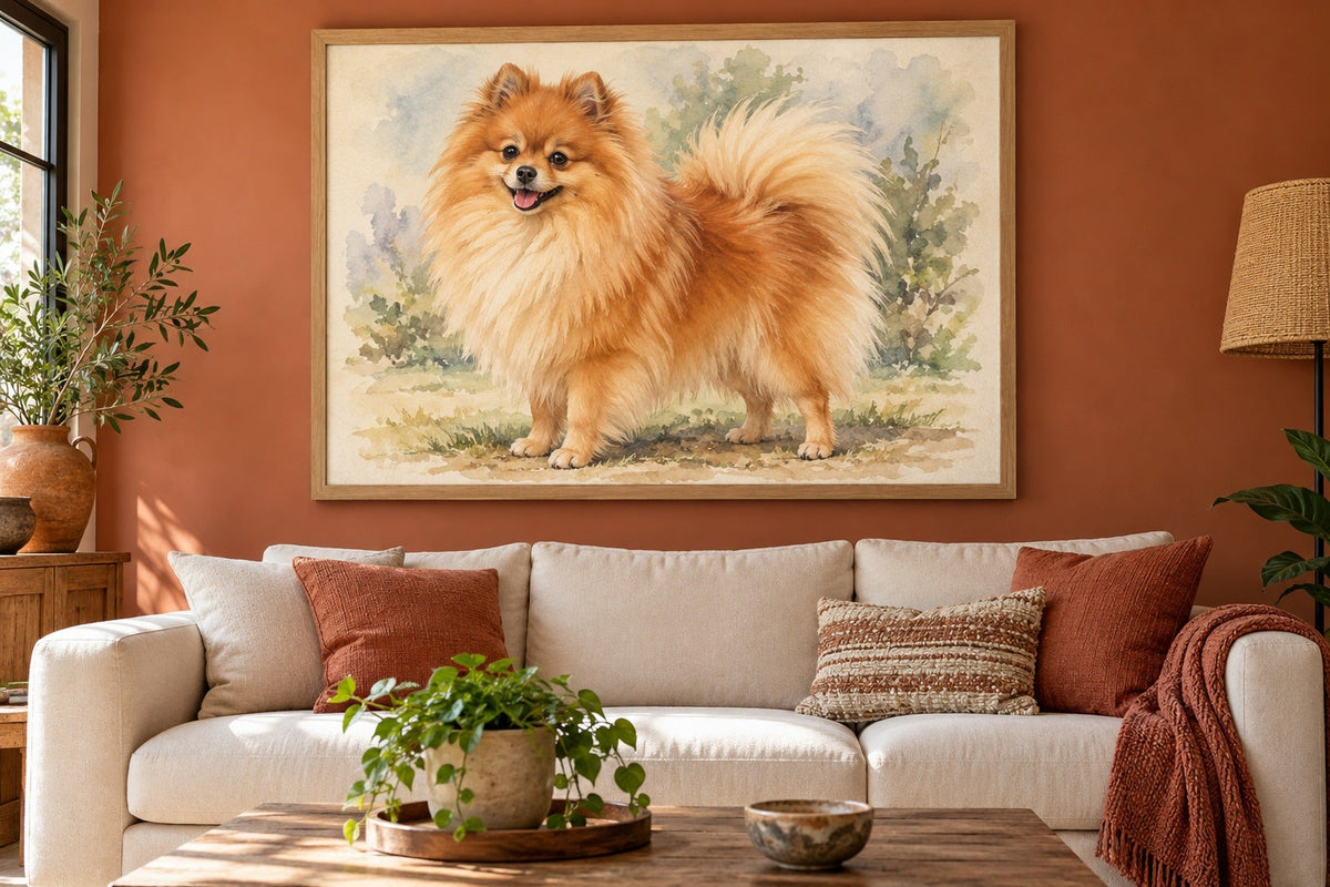 Zwergspitz als Wandbild im Stil Aquarell, Raum: terrakottafarbenes Wohnzimmer