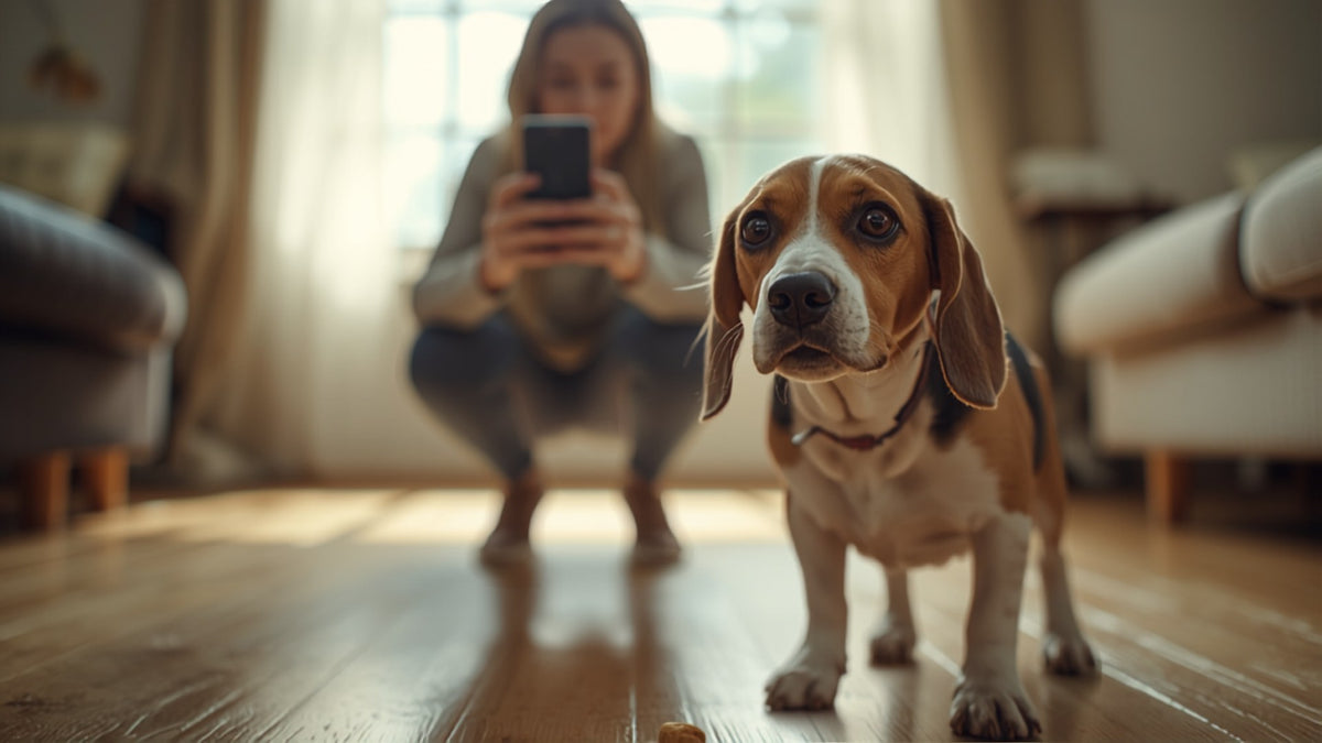 Beagle being photographed at eye level with a phone