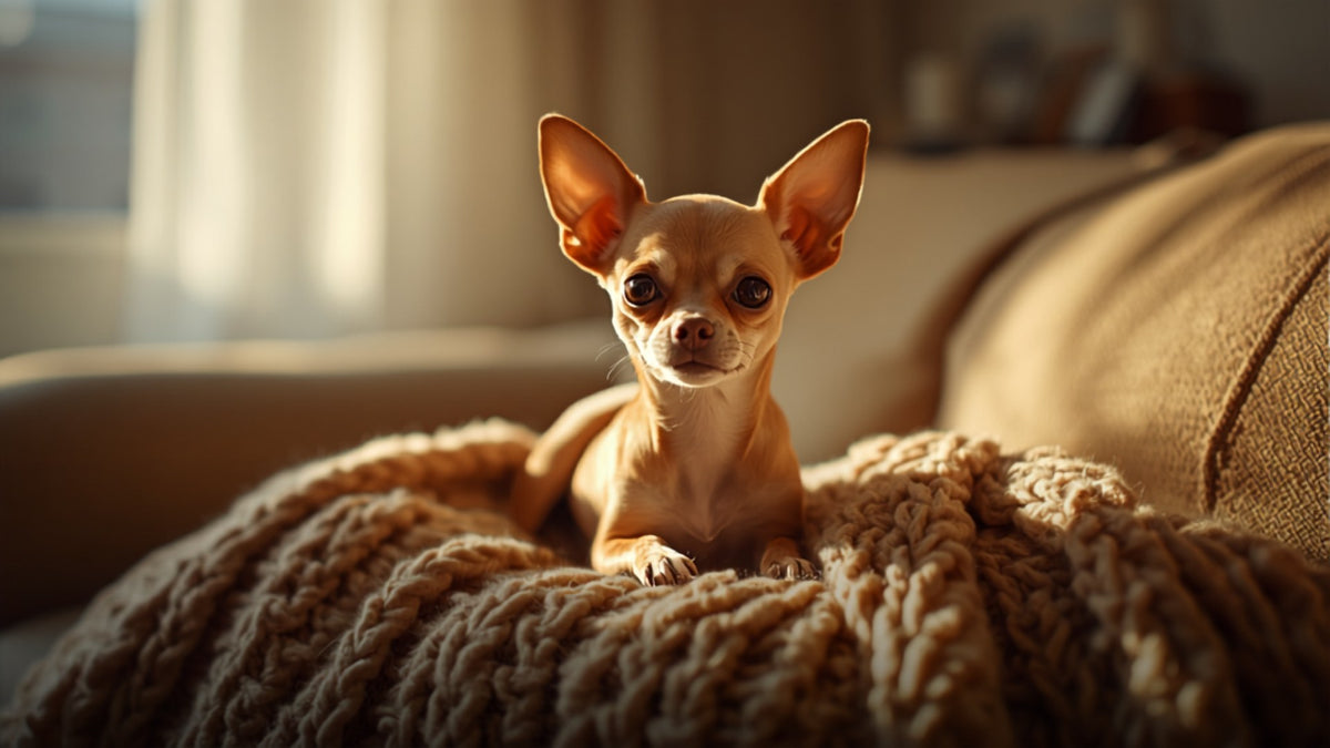 Chihuahua on a knitted blanket