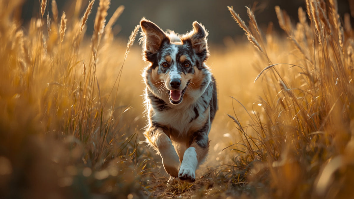 Australian Shepherd running through tall grass