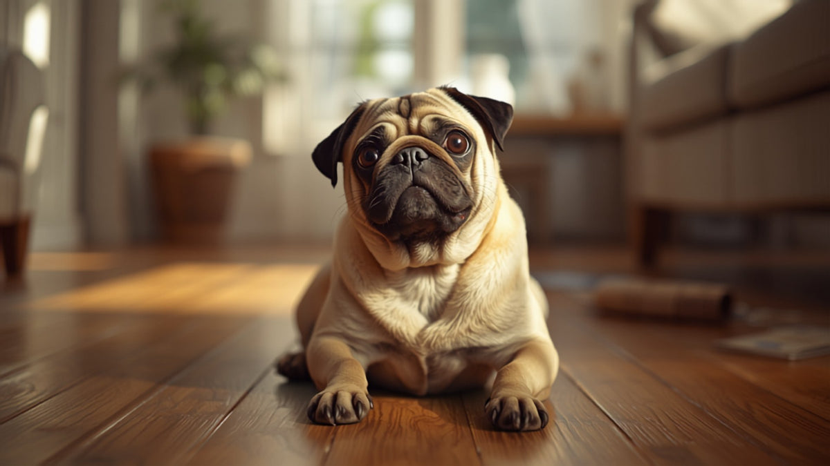 Pug on a wooden floor in the living room