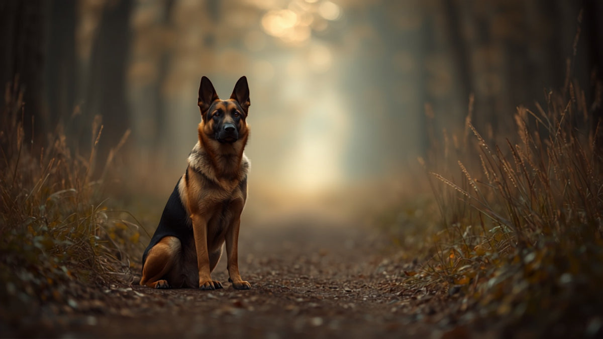 German Shepherd on a forest path