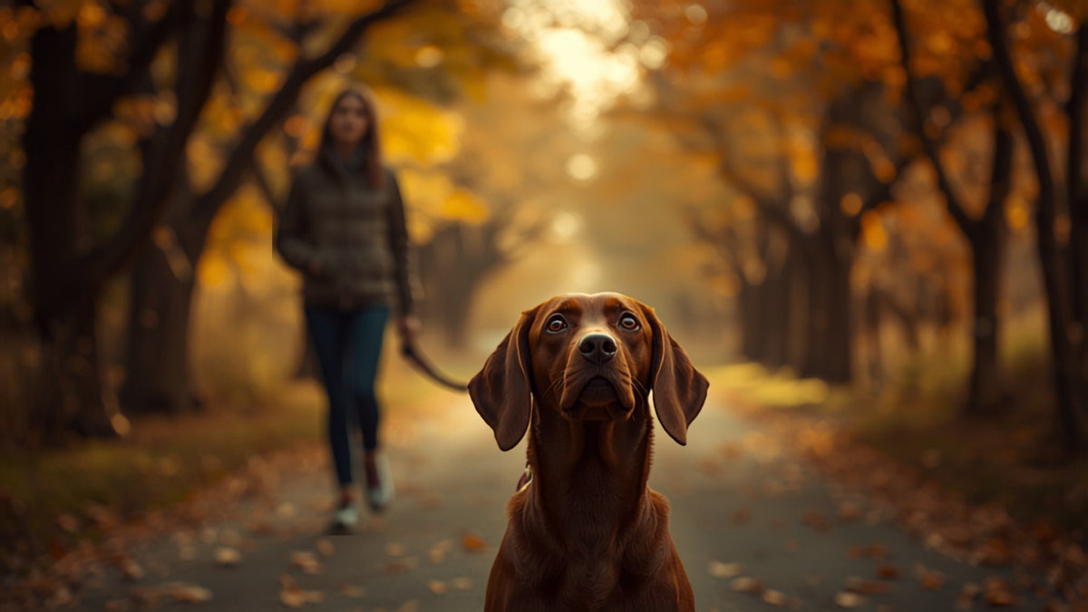 Vizsla on a loose lead in an autumn forest