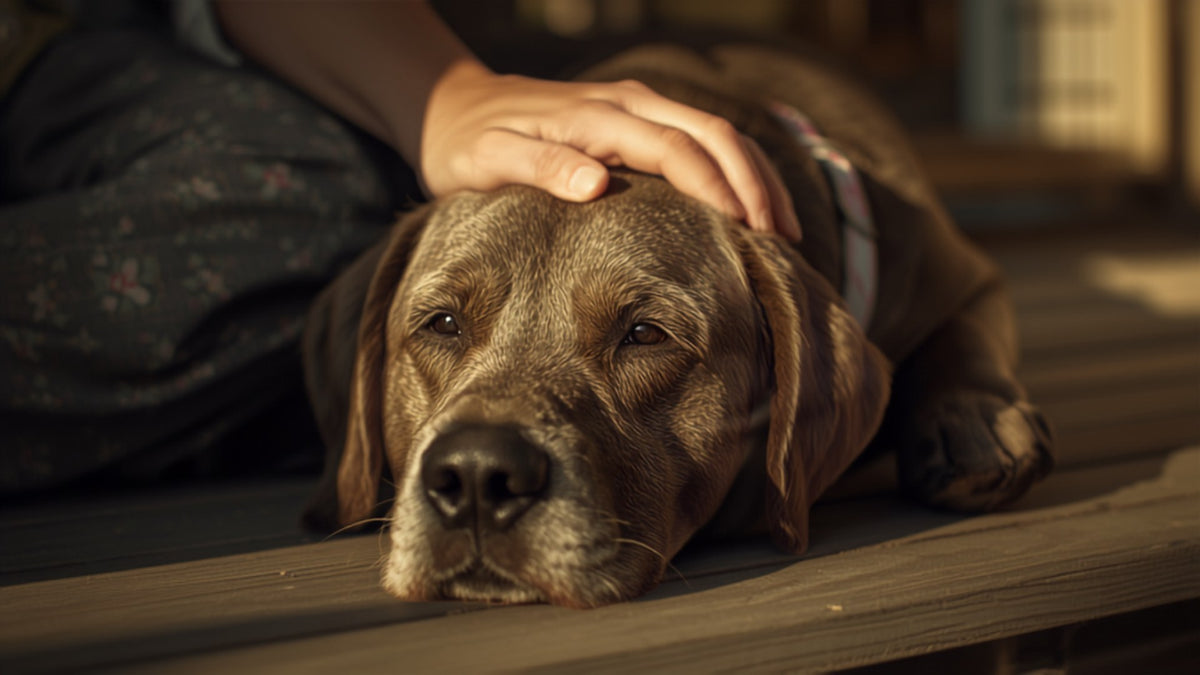Old Labrador with a hand resting on its head