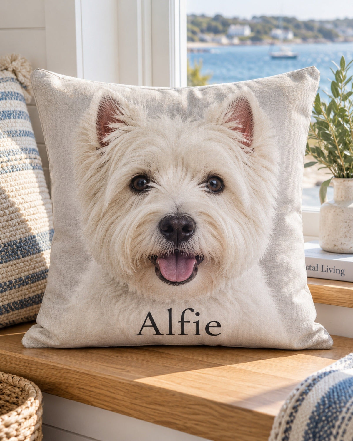 West Highland White Terrier als Portrait auf einem Kissen am Fenster mit Meerblick
