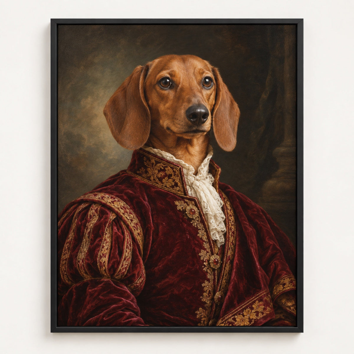 Hundeportrait eines Dackels im Stil Royal als Poster im Holzrahmen, Format und Rahmen bestimmen den Preis