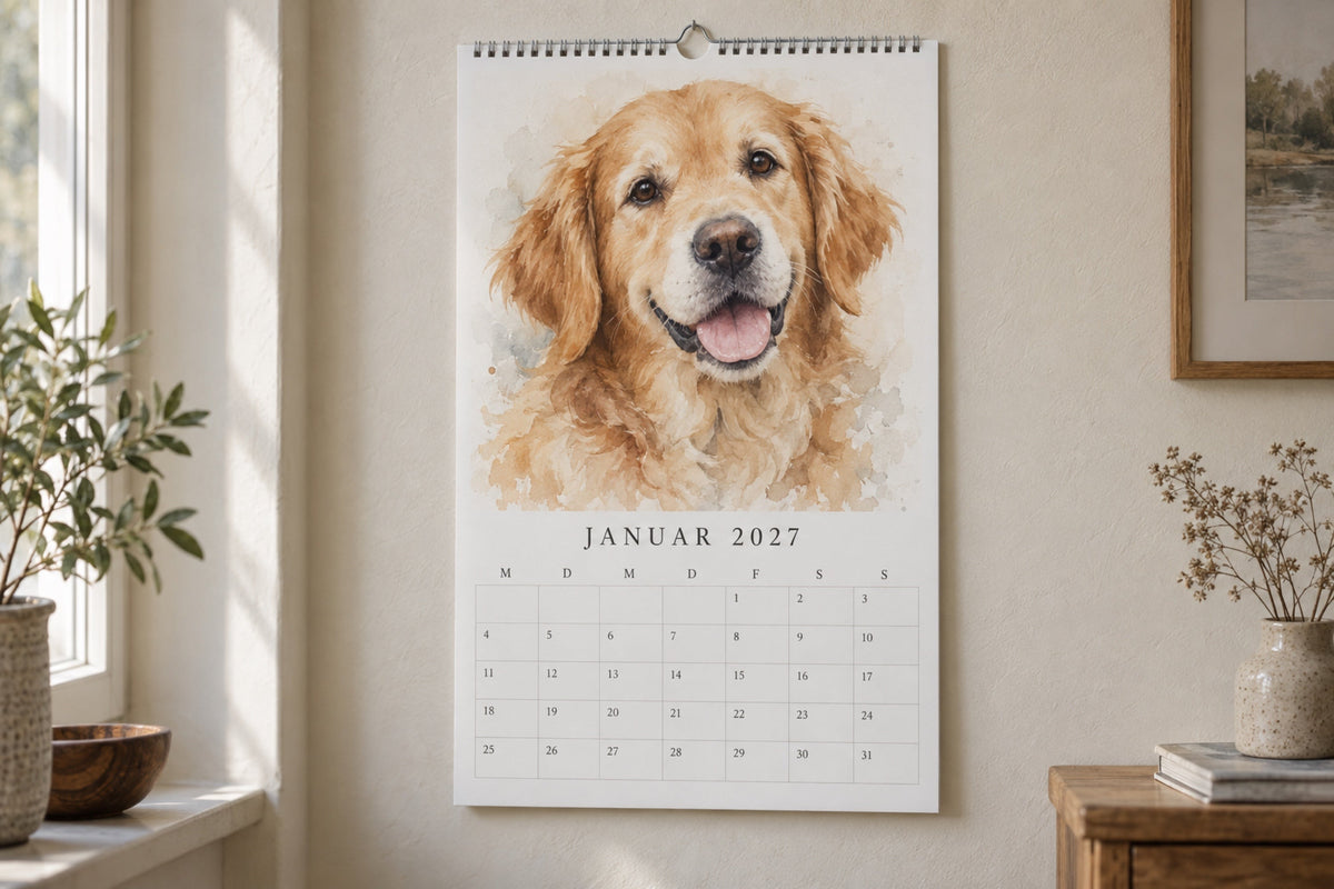 Wall calendar with a dog portrait above a desk