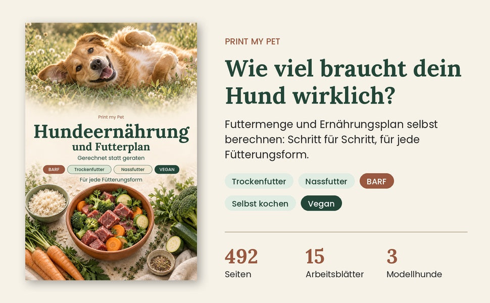 Buch Hundeernährung und Futterplan mit Hund auf der Wiese und Futternapf