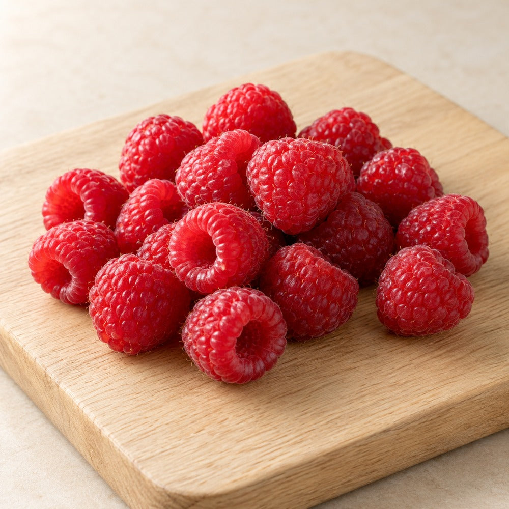 Himbeeren auf einem hellen Holzbrett