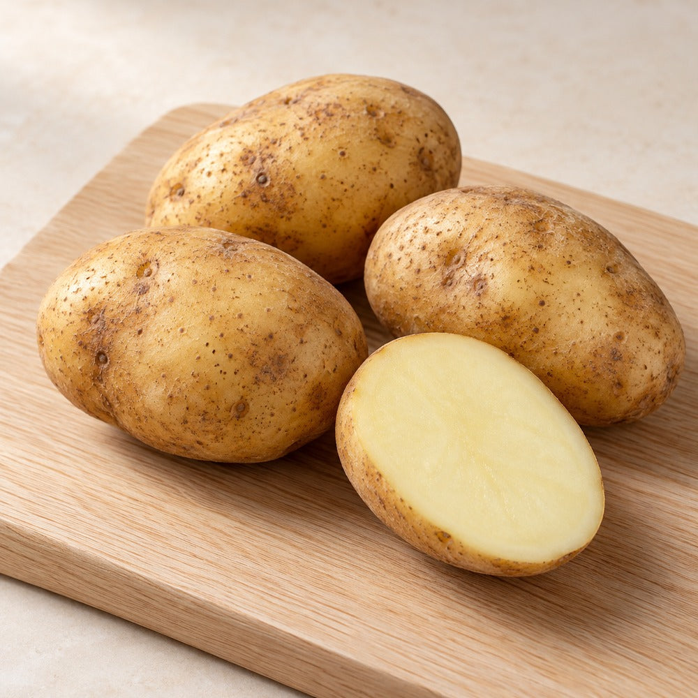 Kartoffeln auf einem hellen Holzbrett
