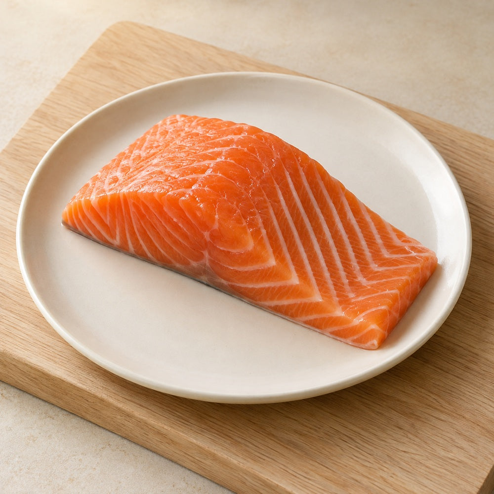 Lachs auf einem hellen Holzbrett